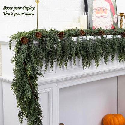 72" Real Touch Cedar Garland with 10 Artificial Pine Cones – Rustic Greenery for Party, Wedding & DIY Decor
