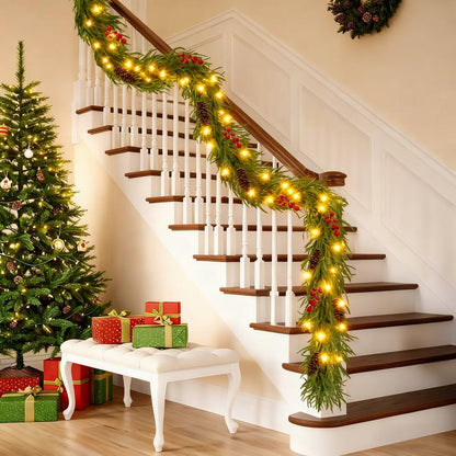 140-Inch Real Touch Norfolk Garland with LED Lights, Waterproof Artificial Greenery for Fireplace & Holiday Decor