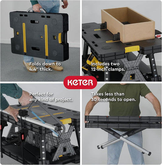 Keter Folding Work Table, Portable Workbench w/ 12" Clamps for Garage/Wood Shop