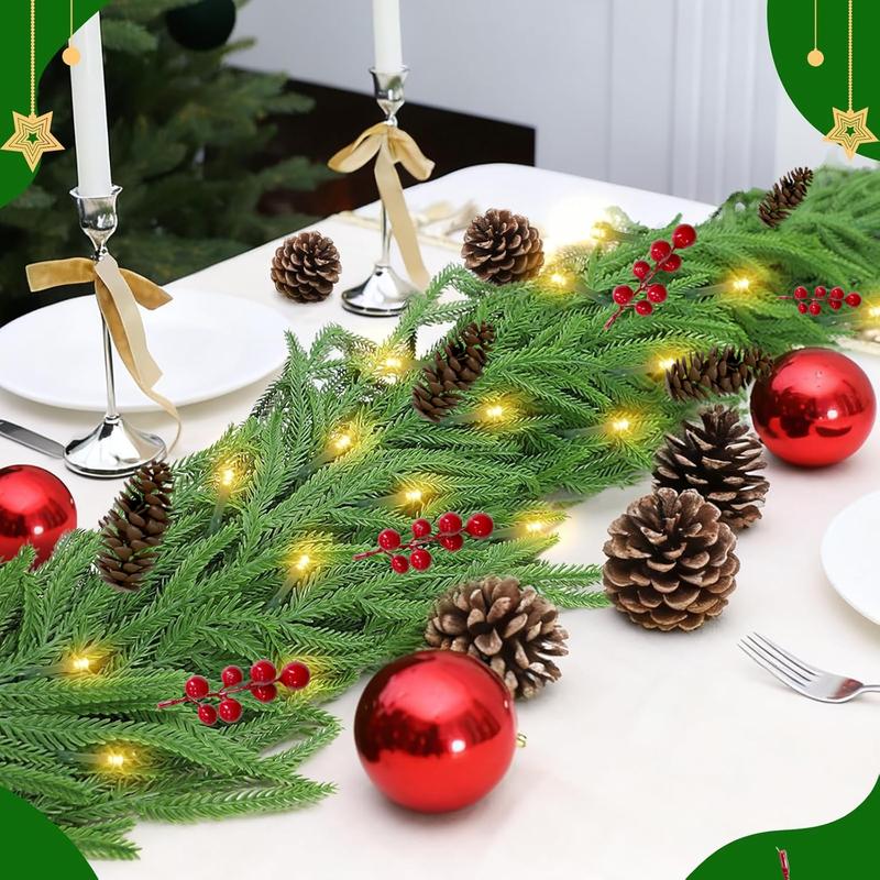 140-Inch Real Touch Norfolk Garland with LED Lights, Waterproof Artificial Greenery for Fireplace & Holiday Decor