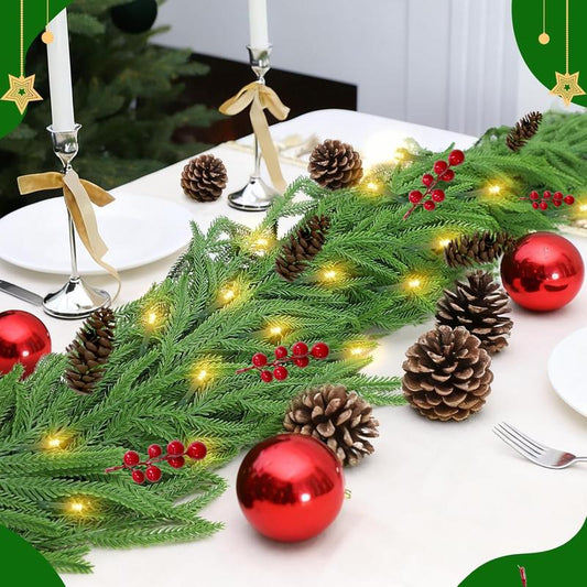 140-Inch Real Touch Norfolk Garland with LED Lights, Waterproof Artificial Greenery for Fireplace & Holiday Decor