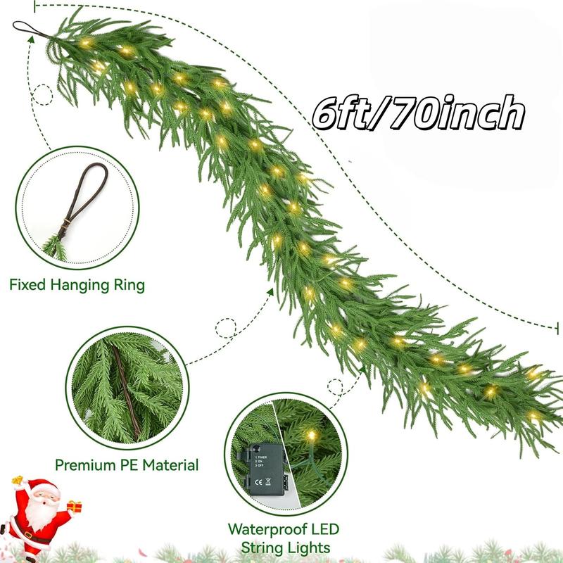 140-Inch Real Touch Norfolk Garland with LED Lights, Waterproof Artificial Greenery for Fireplace & Holiday Decor