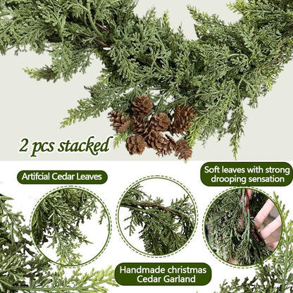 72" Real Touch Cedar Garland with 10 Artificial Pine Cones – Rustic Greenery for Party, Wedding & DIY Decor
