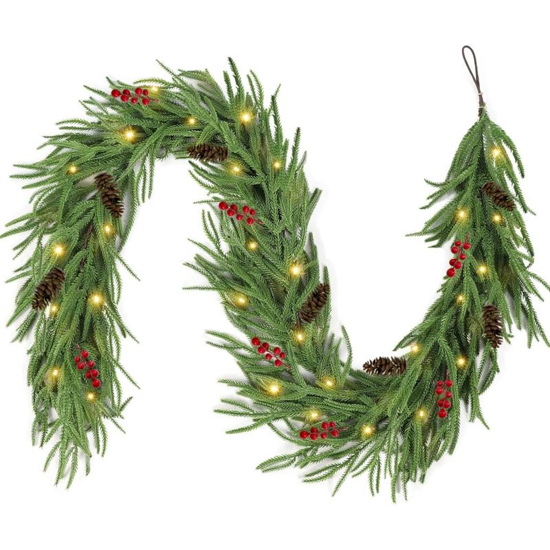 140-Inch Real Touch Norfolk Garland with LED Lights, Waterproof Artificial Greenery for Fireplace & Holiday Decor